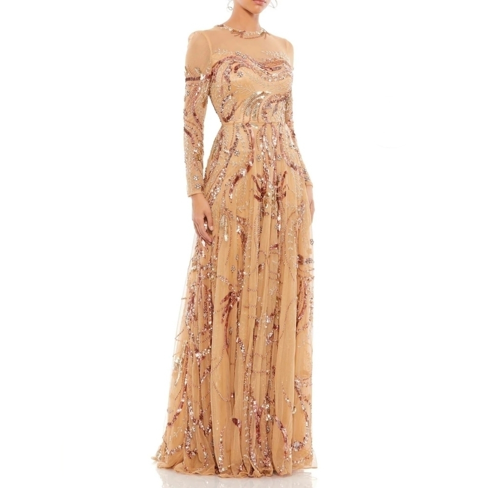 Mac Duggal Women's Stunning Long Sleeve Sequin Embellished Gown Caramel Sheer 8